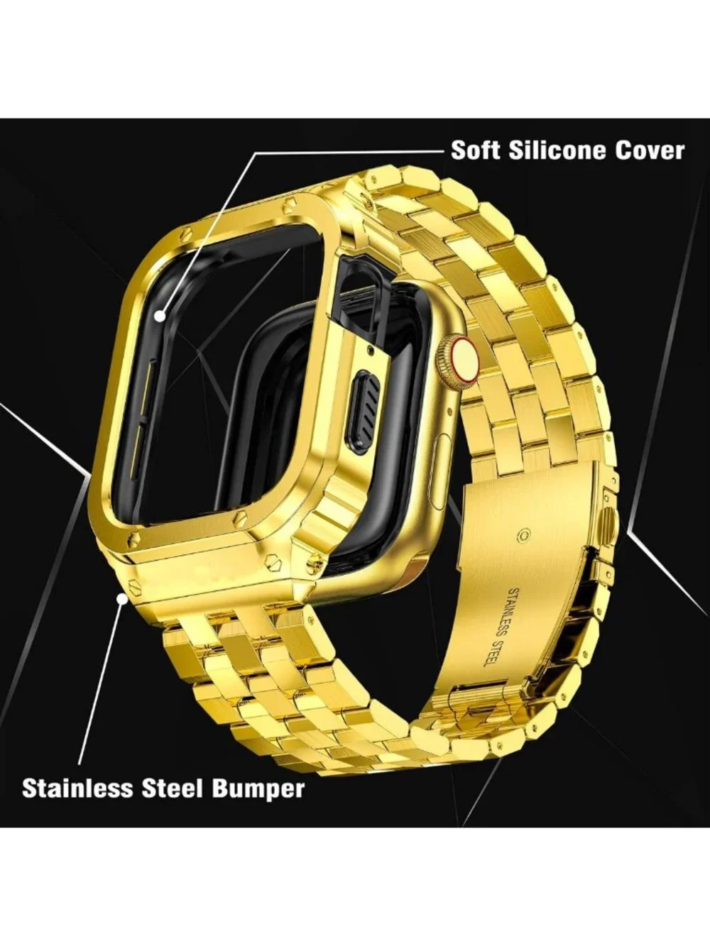 Rugged Stainless Steel Case for Apple Watch 45mm, Adjustable Metal Band, Gold